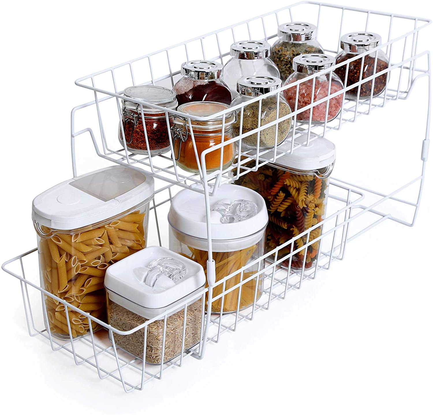 mDesign Metal Wire Stackable Food Storage Bin Basket - 2 Pack - Black/Natural