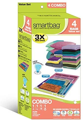 SmartBag Cube Instant Space Saver Storage - 4 Bags - Airtight Double Zipper  - Vacuum Seal - for Clothing, Pillows, and More Organization