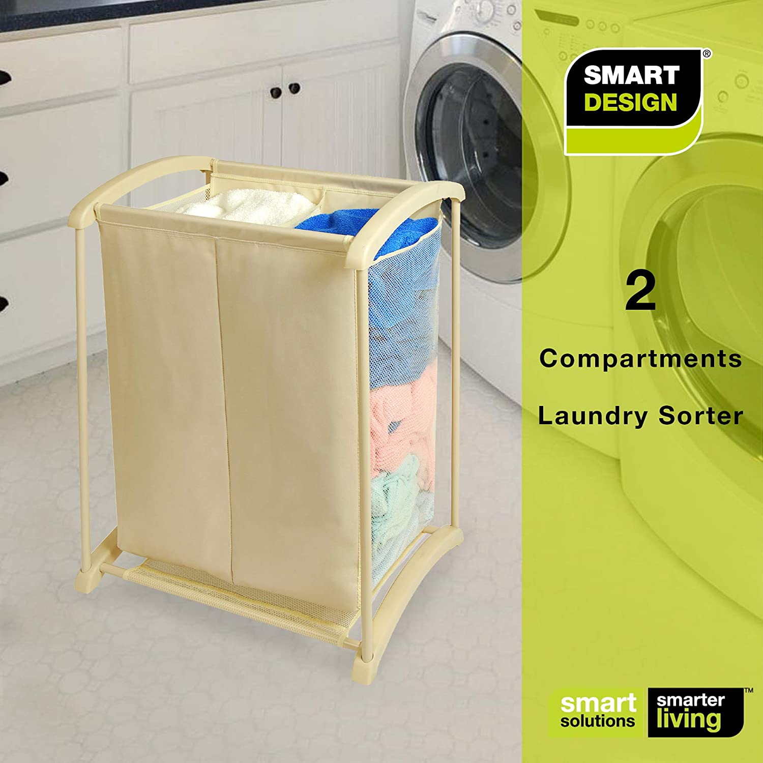 2-Compartment Laundry Sorter Hamper - Holds 6 Loads - Beige - Smart Design® 7