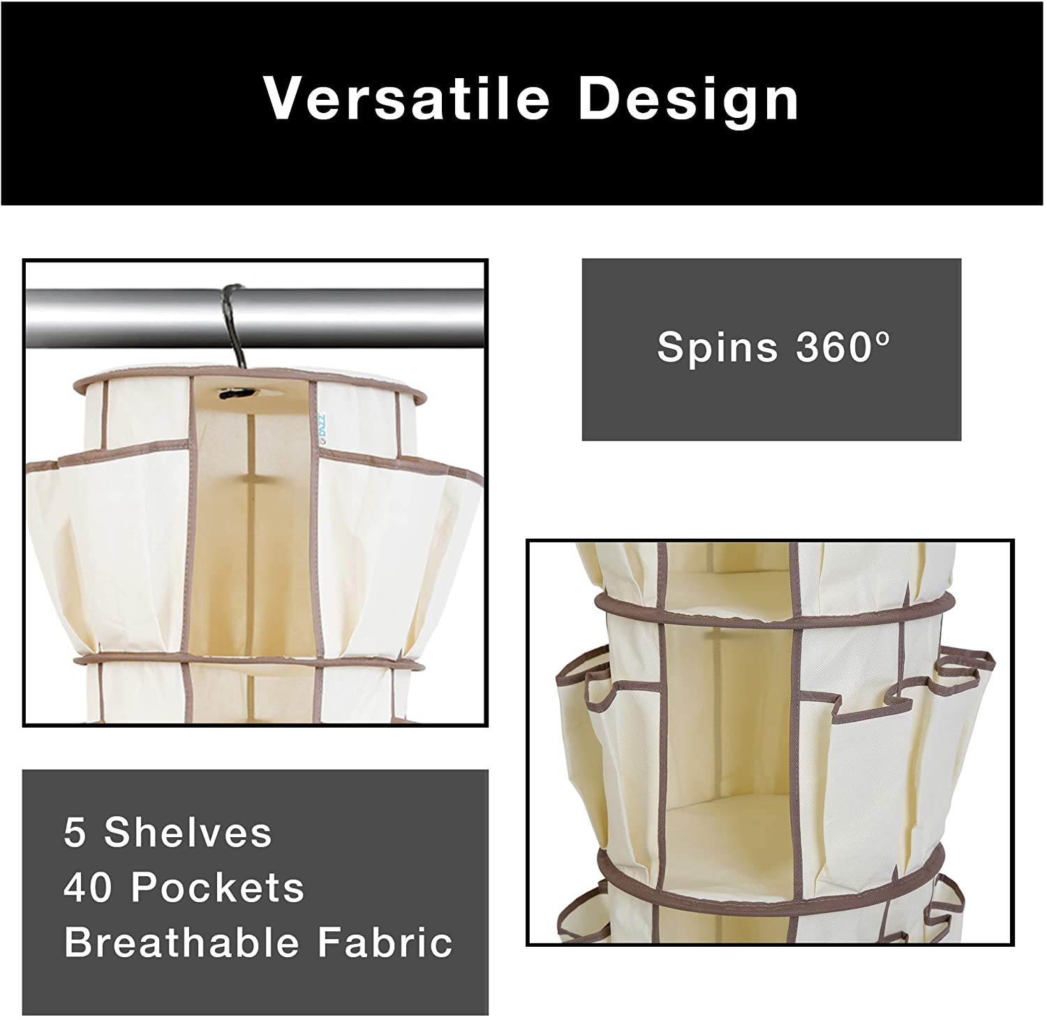 5-Tier Hanging Carousel Organizer with 40 Pockets and 360 Degree Swivel - Smart Design® 4