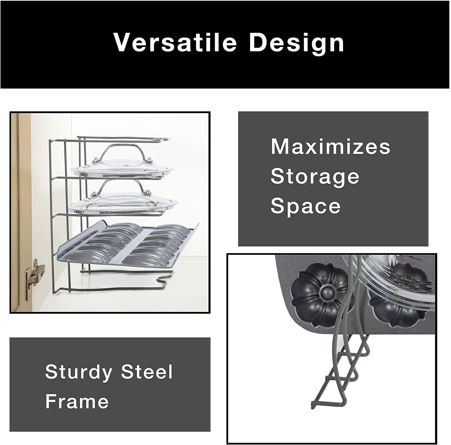 Bakeware and Lid Storage Rack with 4-Compartment Dividers - Smart Design® 18