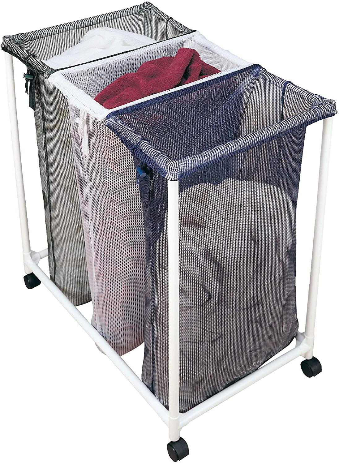 Copy of Deluxe Rolling Triple-Compartment Laundry Sorter Hampers with Wheels - Holds 9 Loads - VentilAir Mesh Fabric White, Blue, Green - Smart Design® 1