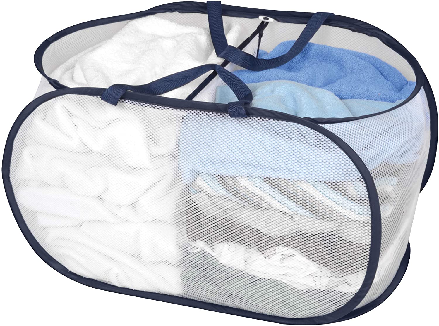Deluxe Mesh Pop-Up 2-Compartment Laundry Sorter Hamper Basket - White - Smart Design® 1