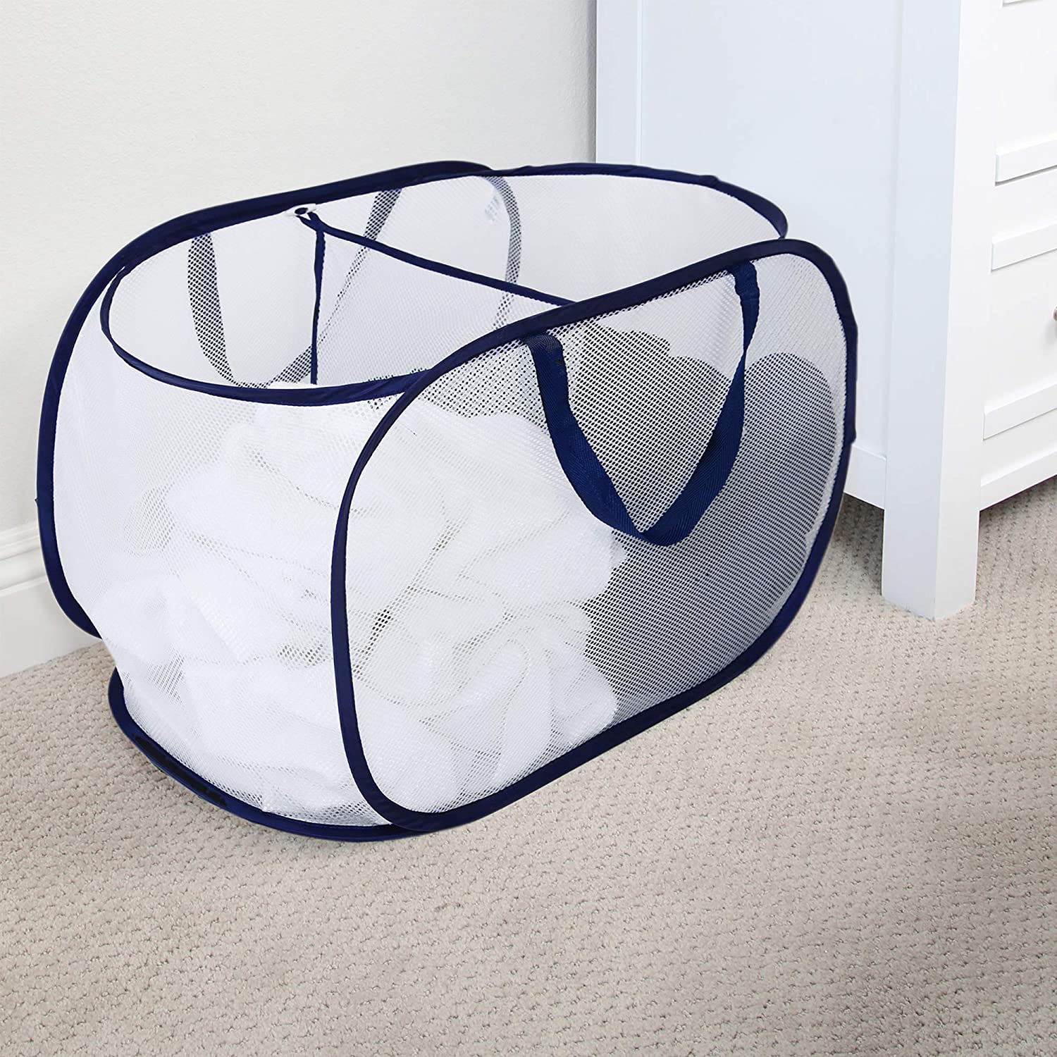 Deluxe Mesh Pop-Up 2-Compartment Laundry Sorter Hamper Basket - White - Smart Design® 2