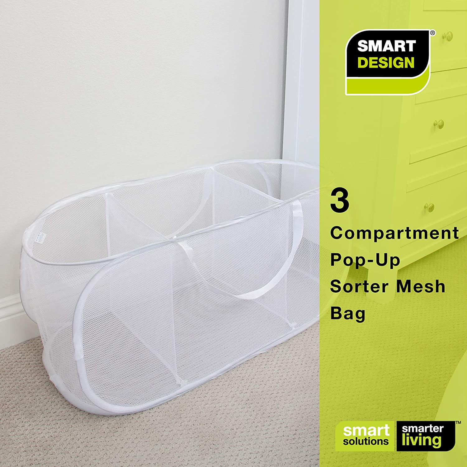 Deluxe Mesh Pop Up 3-Compartment Laundry Sorter Hamper Basket - White - Smart Design® 7