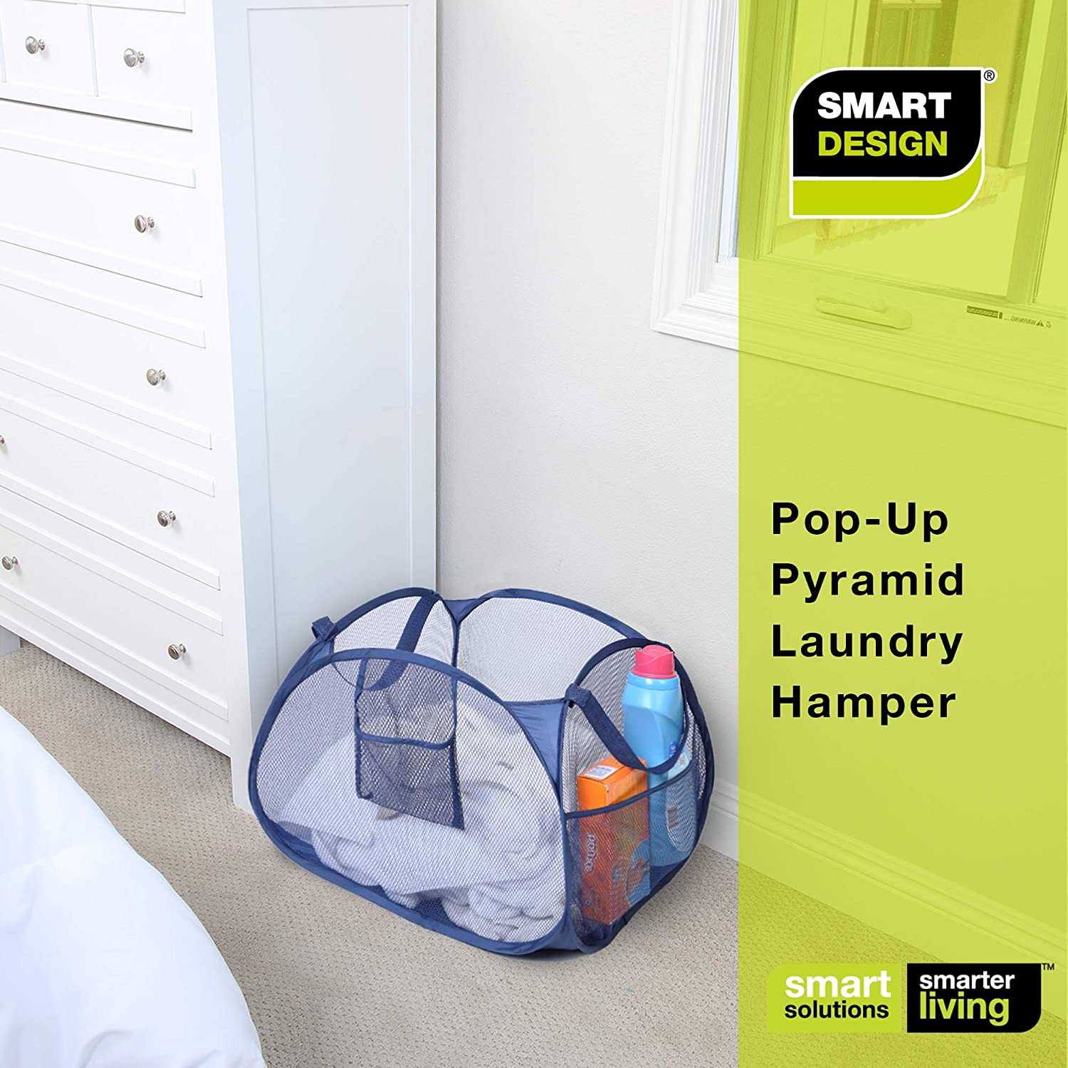 Deluxe Mesh Pop Up Square Laundry Basket Hamper with Side Pockets and Handles - Smart Design® 7