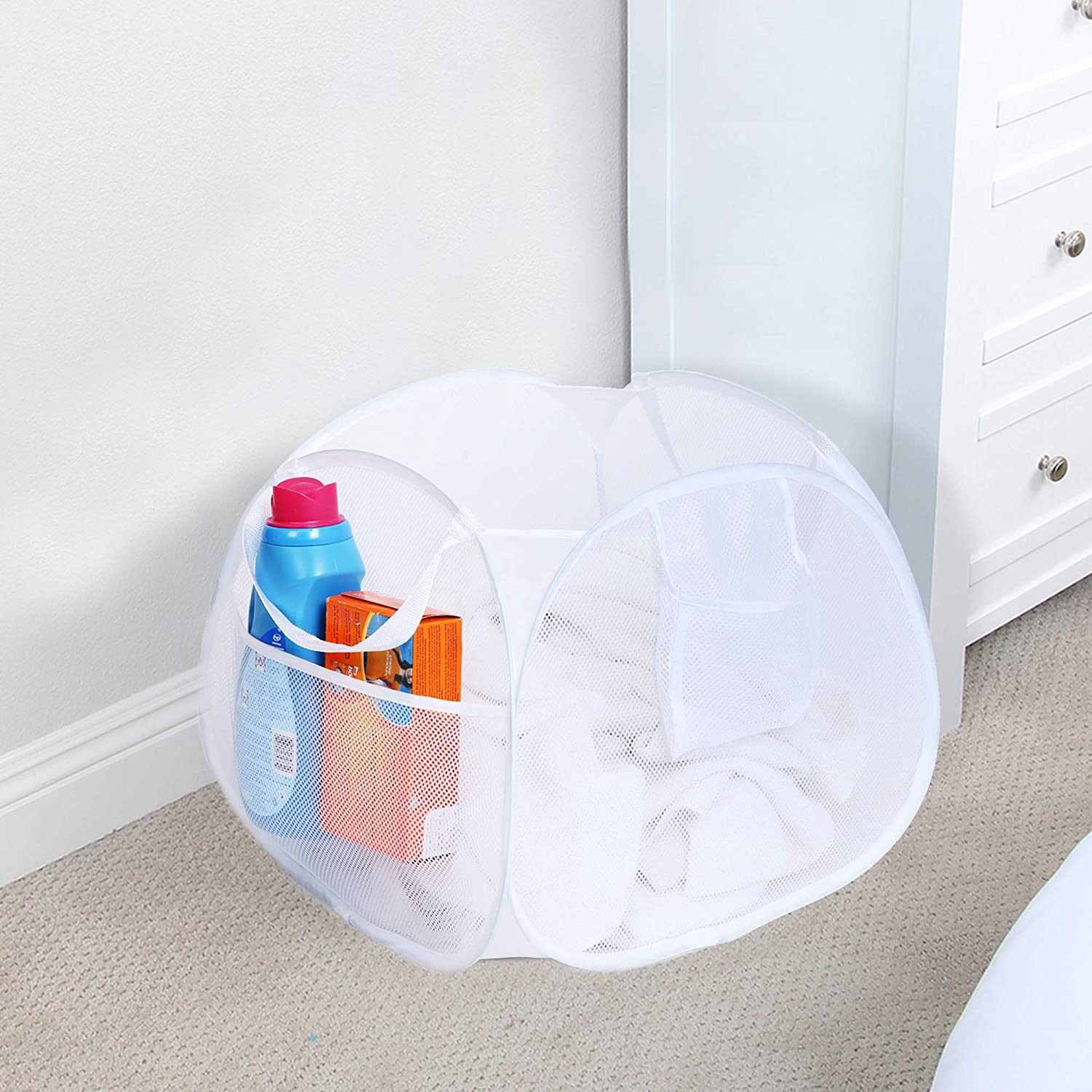 Deluxe Mesh Pop Up Square Laundry Basket Hamper with Side Pockets and Handles - Smart Design® 9
