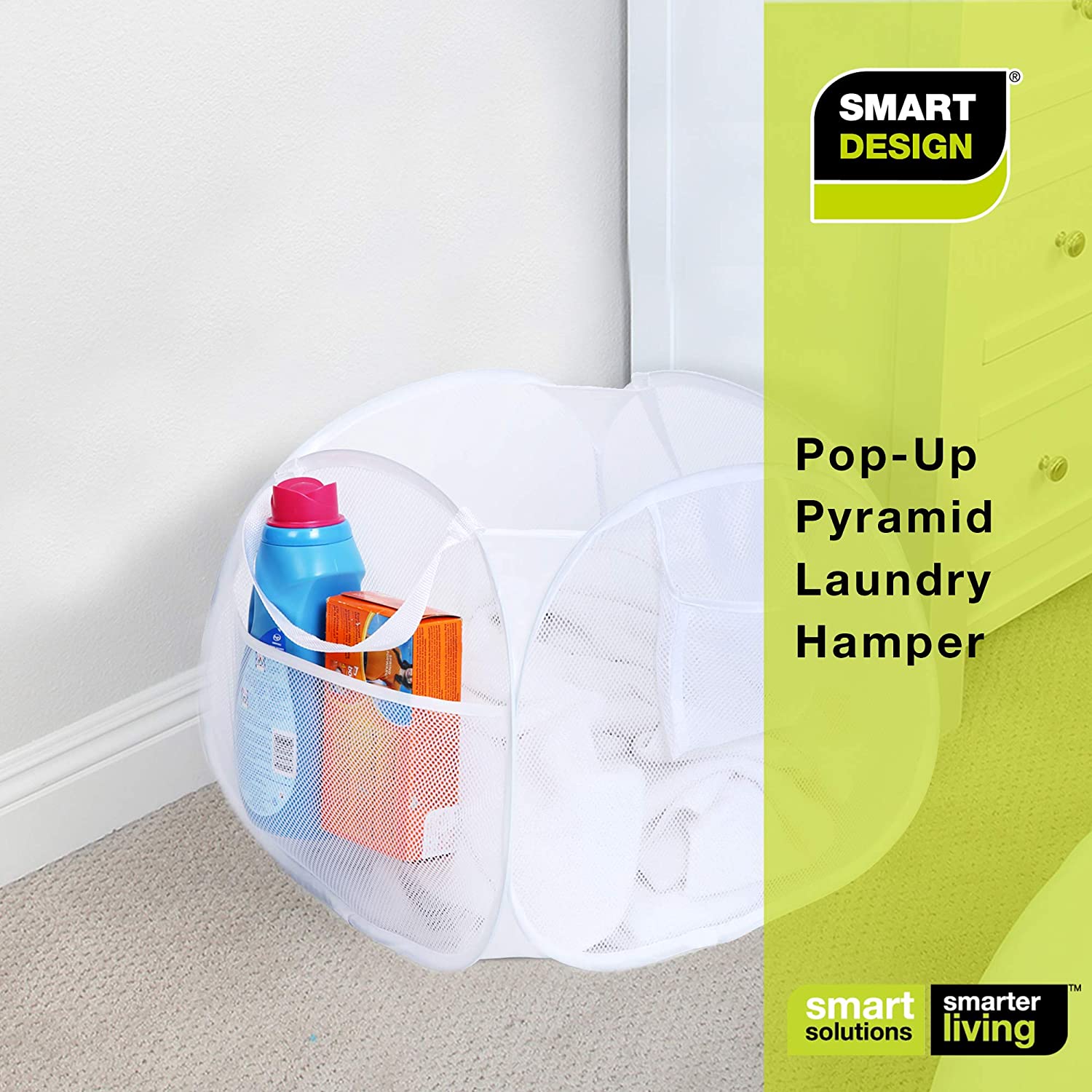 Deluxe Mesh Pop Up Square Laundry Basket Hamper with Side Pockets and Handles - Smart Design® 14