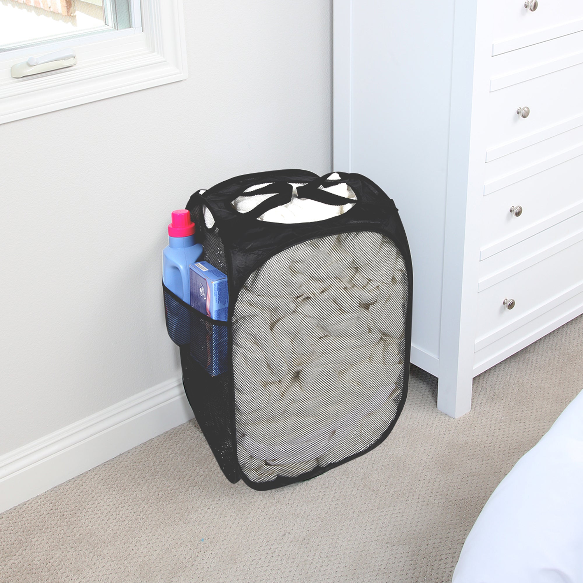 Deluxe Mesh Pop Up Square Laundry Hamper with Side Pocket and Handles - VentilAir Fabric - Collapsible Smart Design® 2