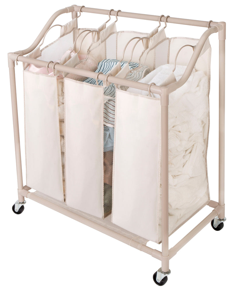 Deluxe Rolling Triple-Compartment Laundry Sorter Hamper with Wheels - 30 x 32 Inch - Beige - Smart Design® 1