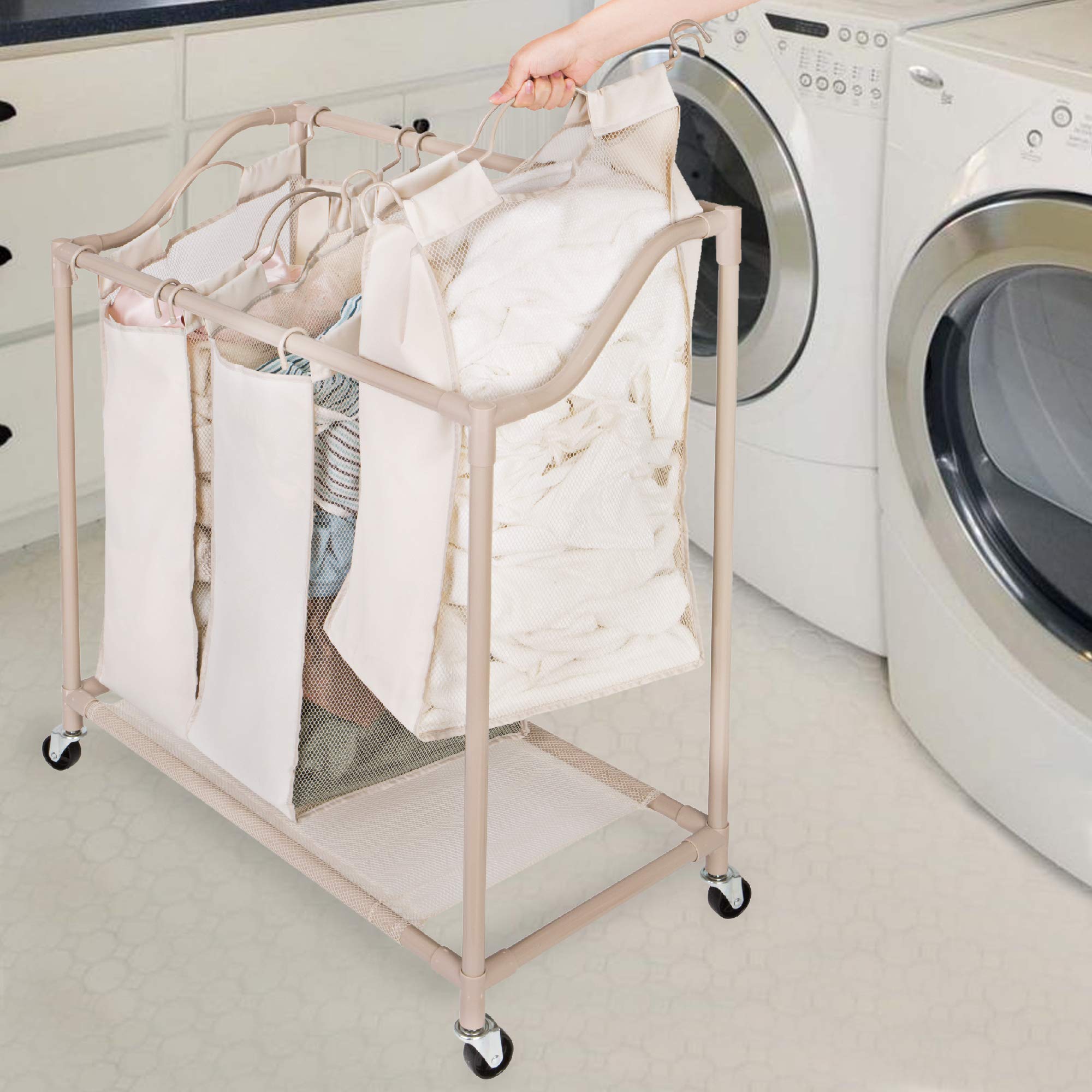 Deluxe Rolling Triple-Compartment Laundry Sorter Hamper with Wheels - 30 x 32 Inch - Beige - Smart Design® 2