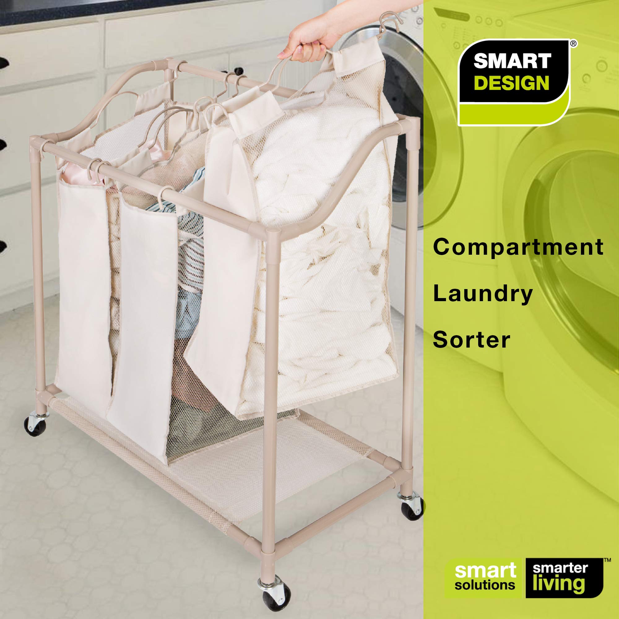 Deluxe Rolling Triple-Compartment Laundry Sorter Hamper with Wheels - 30 x  32 Inch - Beige