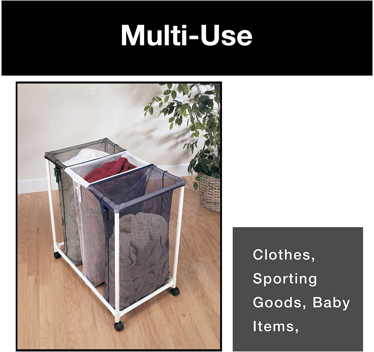 Deluxe Rolling Triple-Compartment Laundry Sorter Hampers with Wheels - Holds 9 Loads - Smart Design® 5