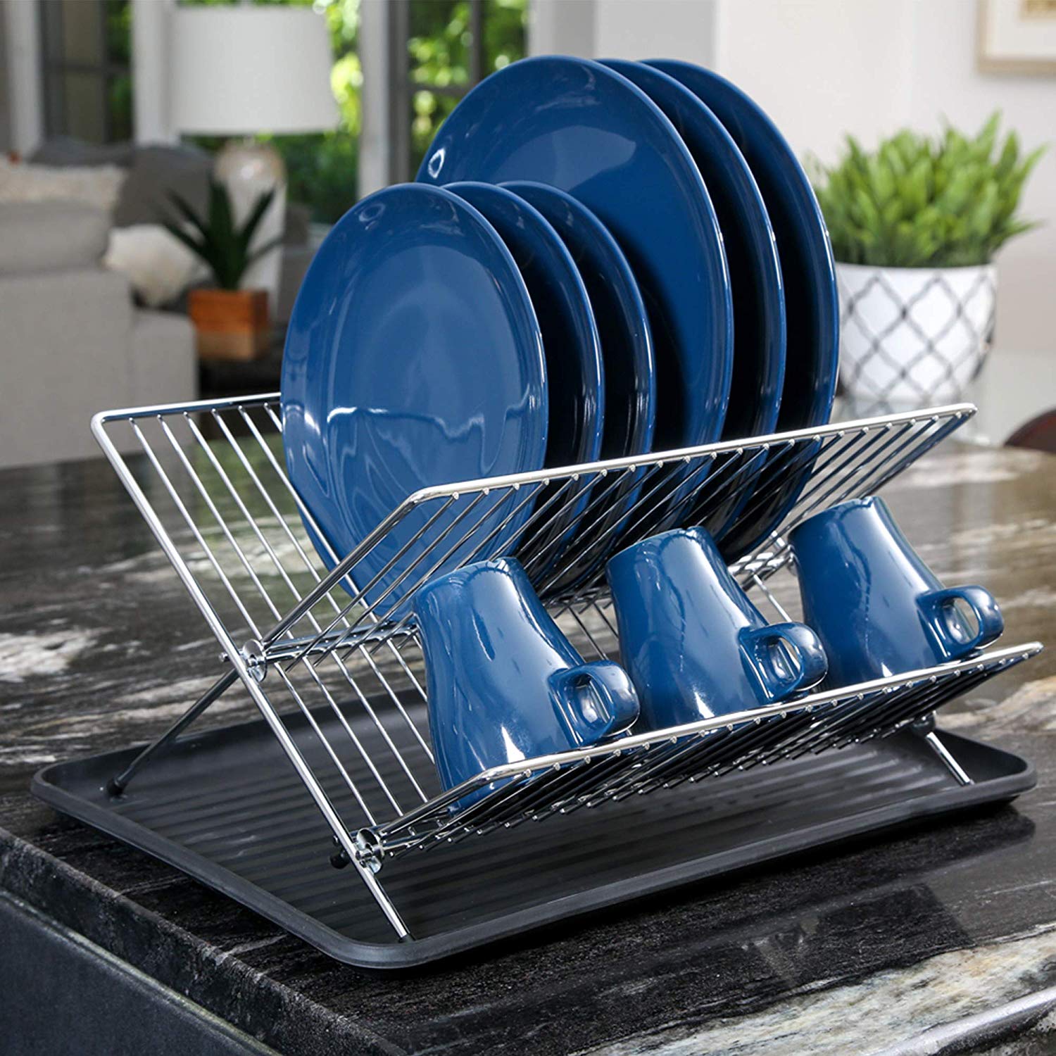 Small Dish Rack with Tray Compact Dish Drainer for Kitchen Counter Cabinet