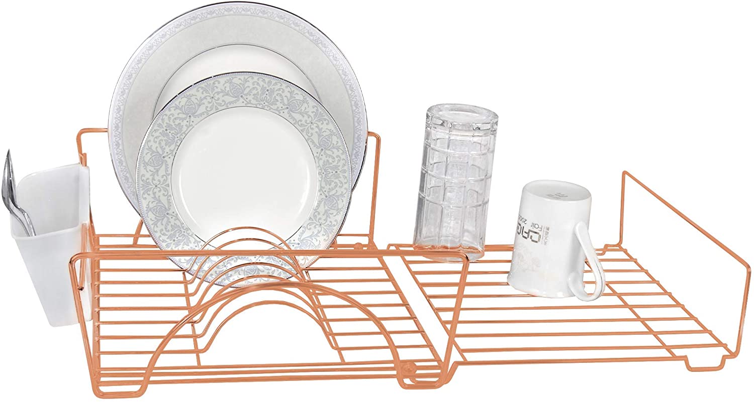 Smart Design Expandable Dish Drainer Drying Rack with Cutlery Cup - Steel  Metal Wire - Fits in Standard Sinks - Dishes, Cups, Silverware Organization  - Kitchen - 13.5 x 20.63 Inch - Rose Gold 