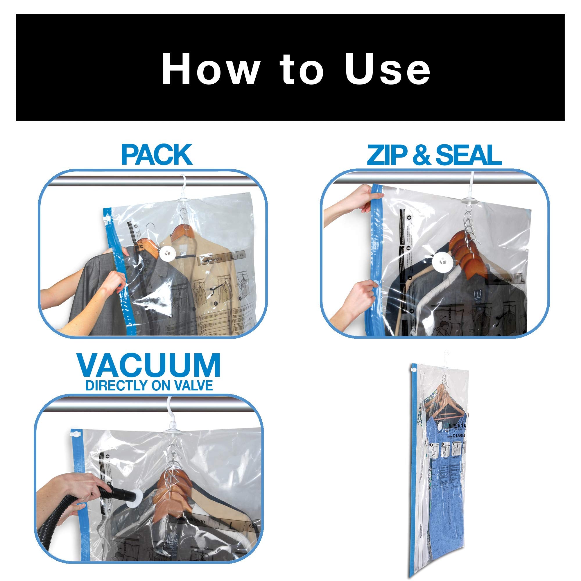 Hanging Vacuum Storage Bags 6 Pack Combo Jumbo Large Space Saver Bags,  Vacuum Sealer Bags for Clost Storage Organizer, Clothes Garment Coat Dress