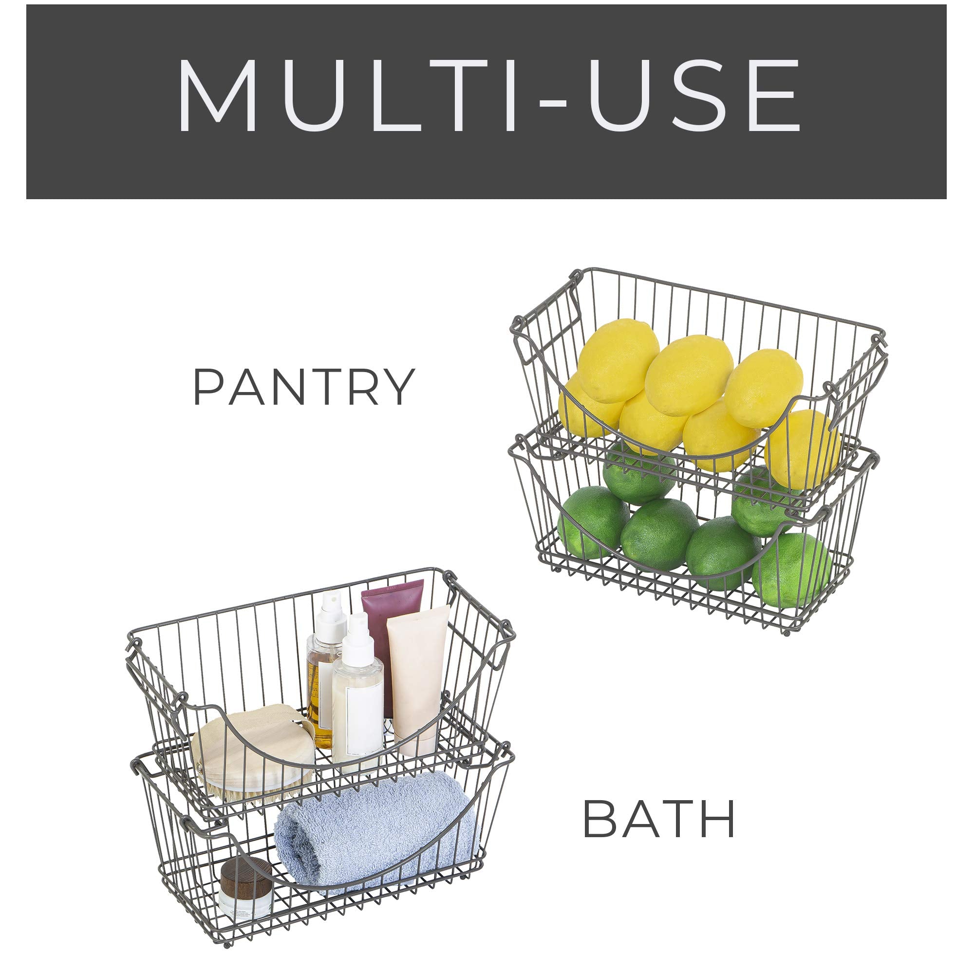 Stackable Wire Baskets For Pantry Storage and Organization with Pantry  Storage Bins With Handles Sturdy Metal