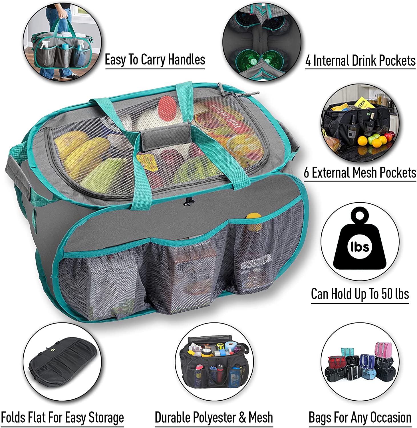 Pop Up Trunk Organizer with Easy Carry Handles, Side Pockets, and Zipper Top - Smart Design® 6