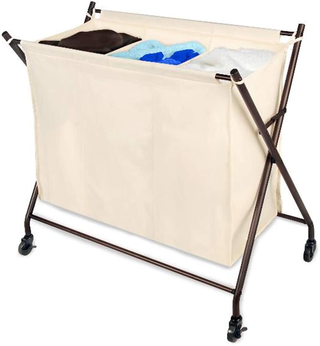 Premium 3-Compartment Rolling Canvas Laundry Sorter Hamper with Wheels and Handles - Hold 9 Loads - Smart Design® 1