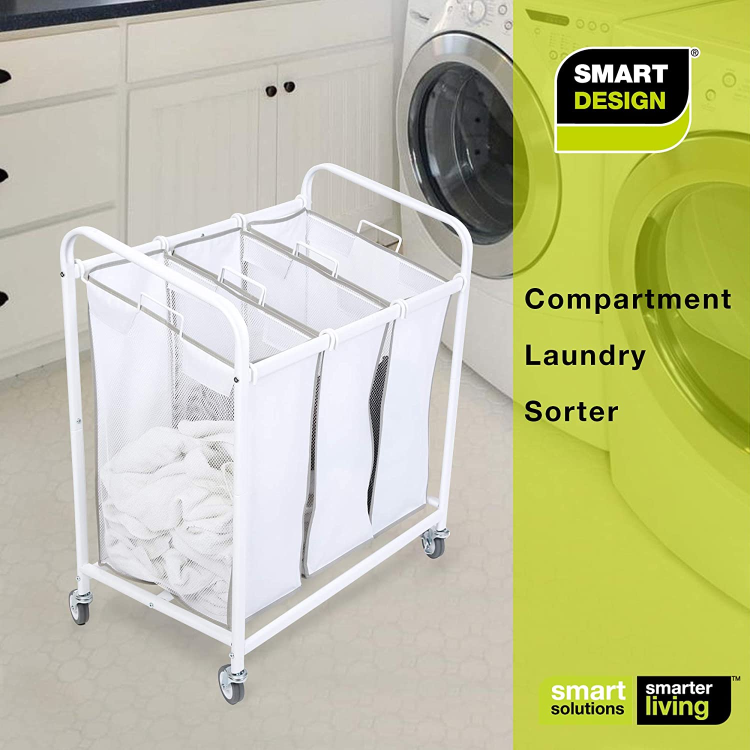 Premium Rolling 3-Compartment Mesh Laundry Sorter Hamper with Wheels and Handles - Holds 9 Loads - Smart Design® 7