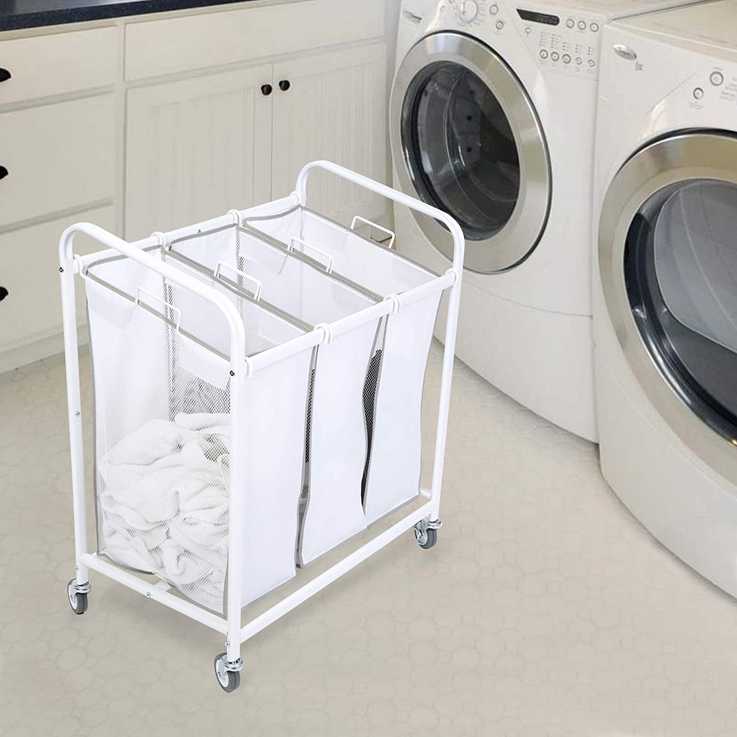 Premium Rolling 3-Compartment Mesh Laundry Sorter Hamper with Wheels and Handles - Holds 9 Loads - Smart Design® 2