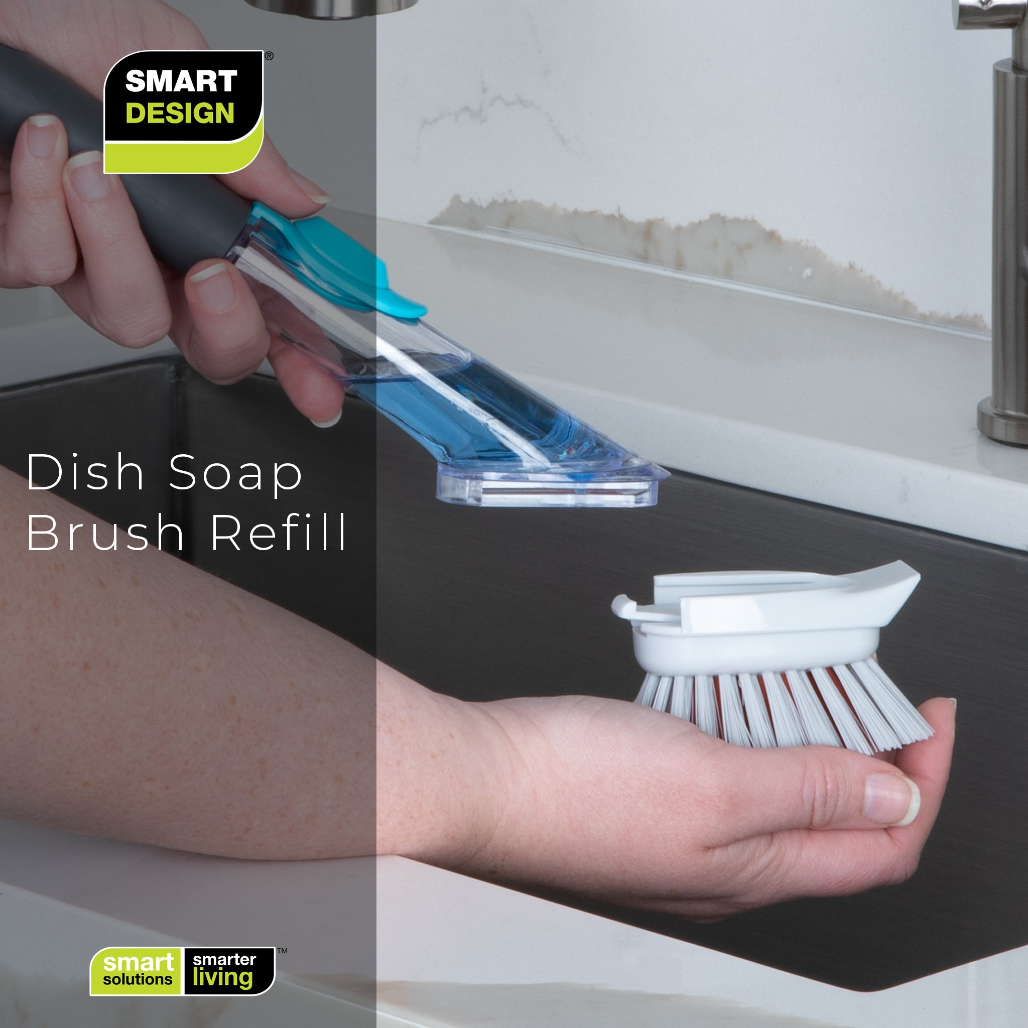 Smart Design Soap Dispensing Dish Sponge with Replaceable Head - Non-Slip Brush Handle with Soap Reservoir - Odor Resistant - Cleaning Pots, Pans, PLA