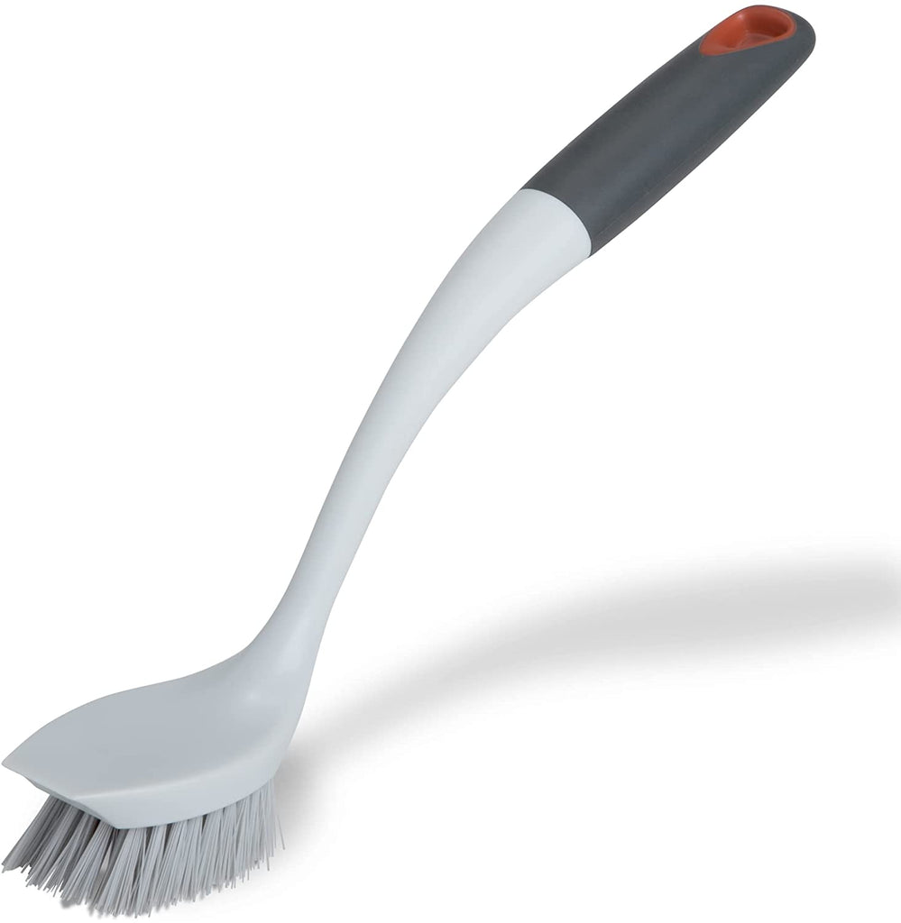 Scrub Brush w/ Scraper Tip - Non-Slip Handle - Long Lasting Bristles – Non- Scratch - Dishwasher Safe - Cleaning, Pots, Pans & Kitchen Sink (11 Long)  [Gray & Teal]