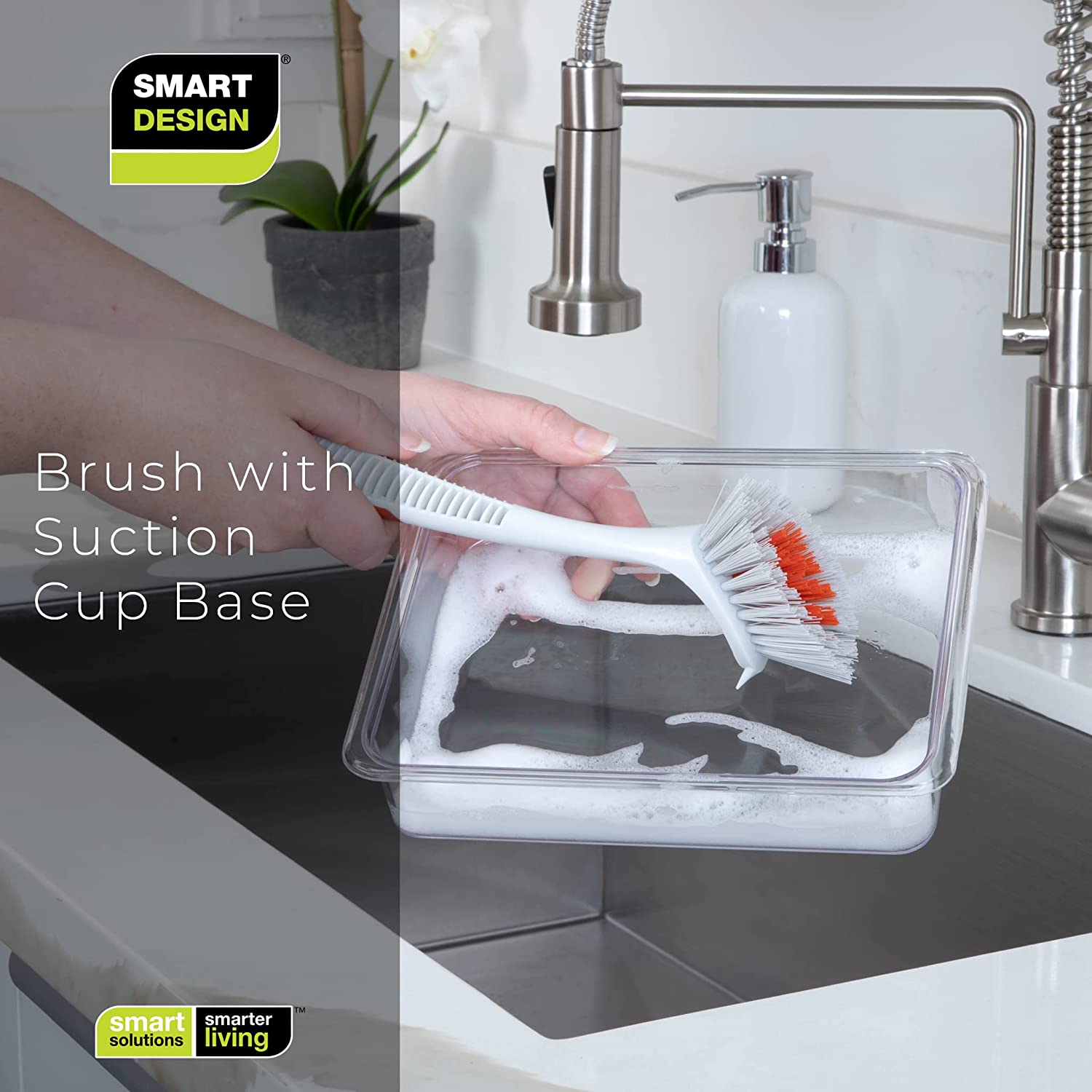 Smart Design Palm Brush & Stand - Contoured Non-Slip Grip - No-Leak Valve - Long Lasting Bristles - Odor Resistant - Dishwasher Safe - Cleaning Pots