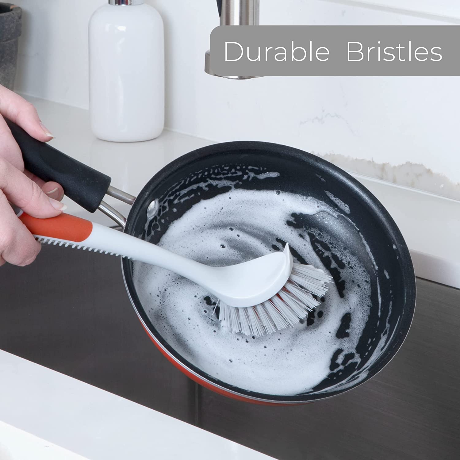 Smart Design Scrub Brush with Scrubber Bristle Tip - Non-Slip Handle - Long Lasting Bristles - Odor Resistant - Dishwasher Safe - Cleaning, Pots, Pans