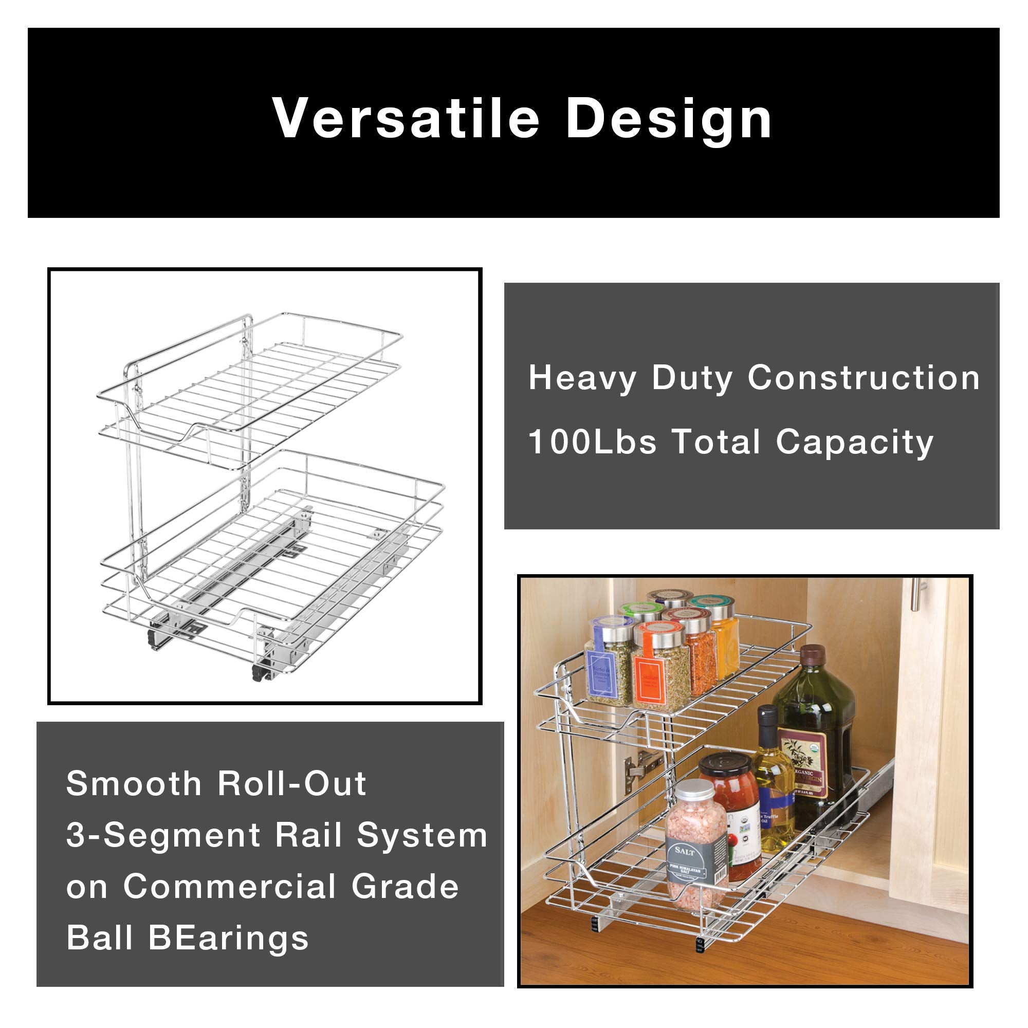 Smart Design Pull Out Cabinet Shelf Organizer - Extra Large Tall - Smooth  Roll-Out Extendable Sliding Drawer - Steel Metal - Holds 100 lbs. - Kitchen  - 20 Inch x 18-35 - Chrome 