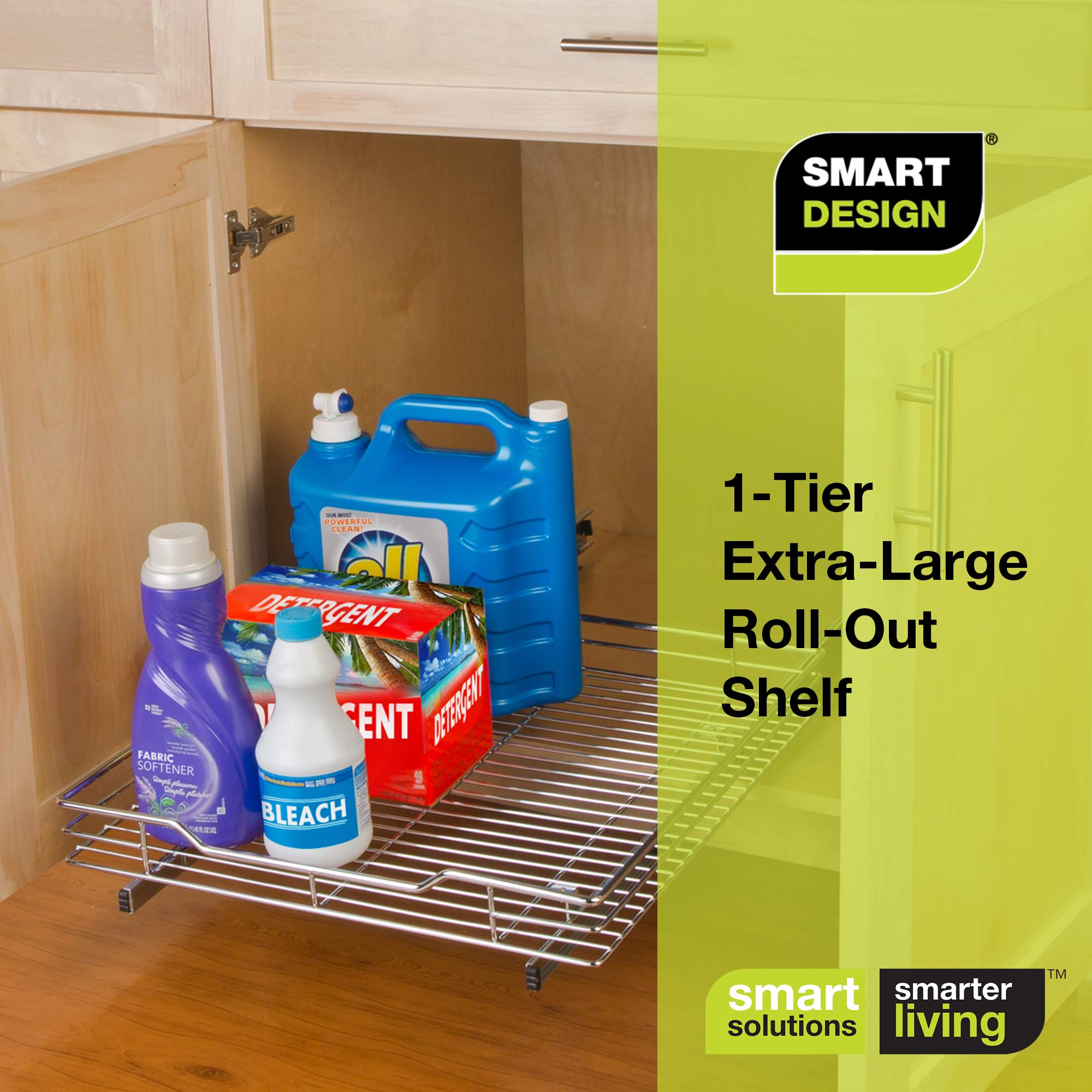 Smart Design Pull Out Cabinet Shelf Organizer - Extra Large Tall - Smooth  Roll-Out Extendable Sliding Drawer - Steel Metal - Holds 100 lbs. - Kitchen  - 20 Inch x 18-35 - Chrome 