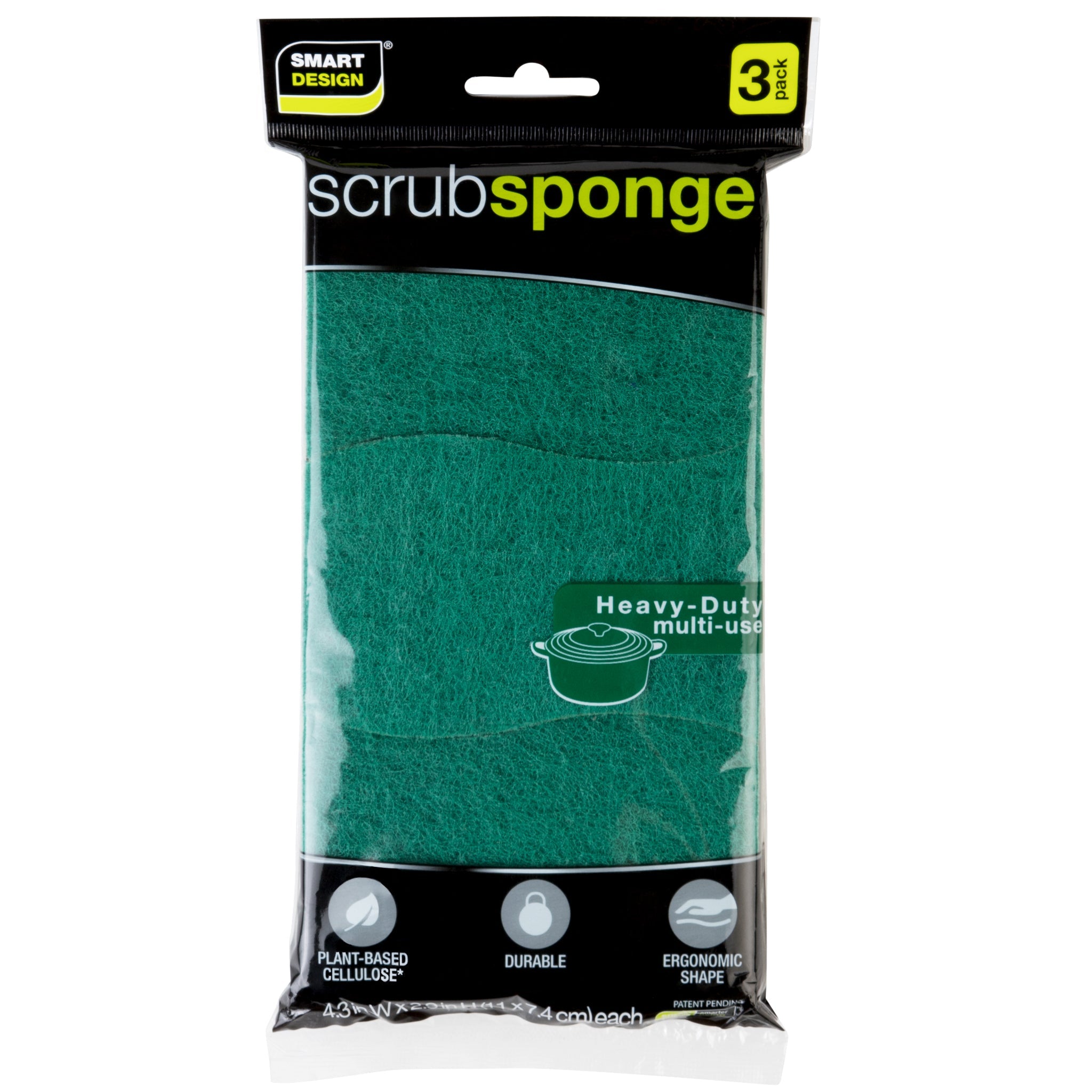 Smart Design Heavy Duty Cellulose Smart Scrub Sponge - Set of 3 - Ultra Absorbent - Ergonomic Shape - Cleaning, Dishes, & Hard Stains - Green