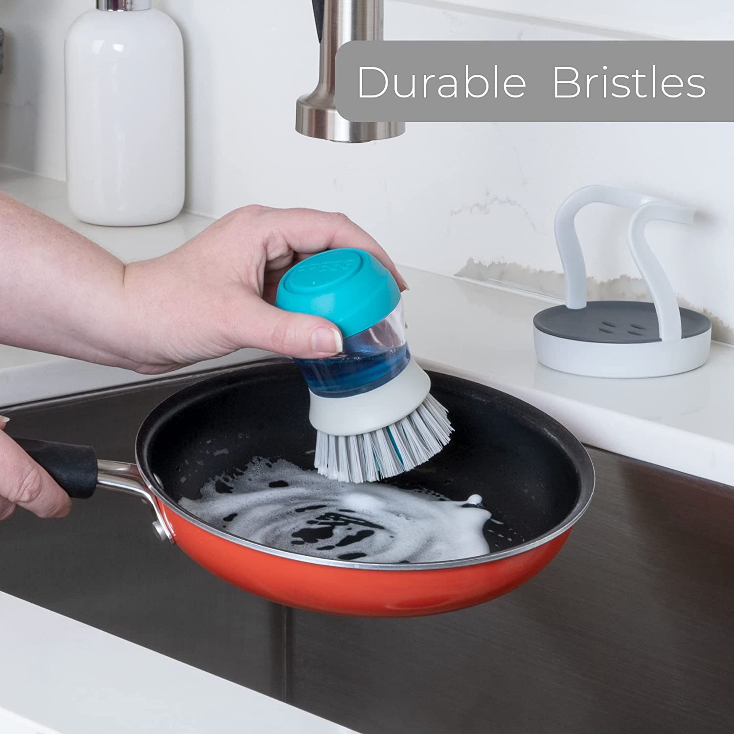 Smart Design Soap Dispensing Dish Sponge with Replaceable Head - Non-Slip Brush Handle with Soap Reservoir - Odor Resistant - Cleaning Pots, Pans, PLA