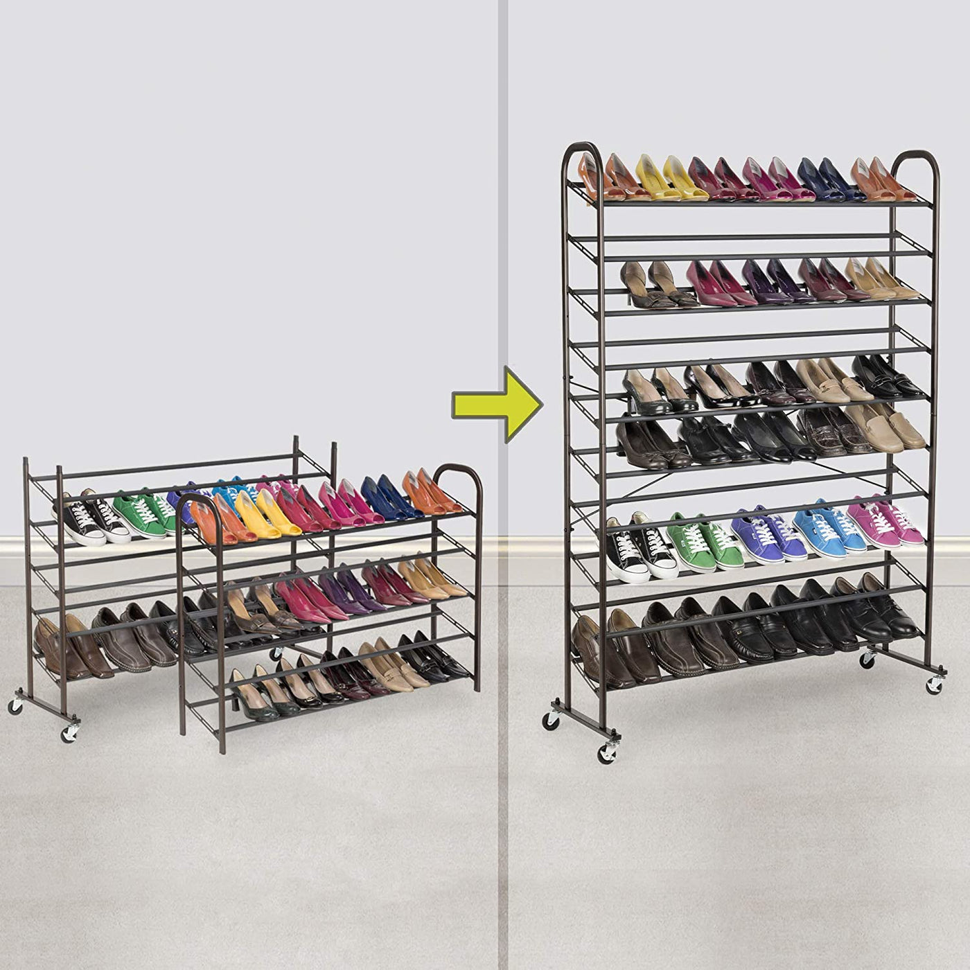 Steel Metal Shoe Rack Tower with Rolling Wheels Smart Design Storage