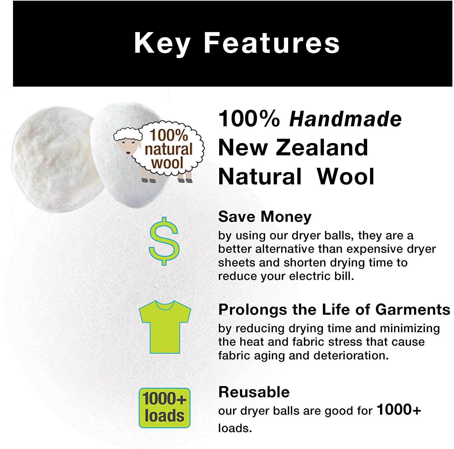Wool Dryer Balls - Natural Eco Fabric Softener - Eliminates Wrinkles & Reduces Static (6 Pack) - Smart Design® 4